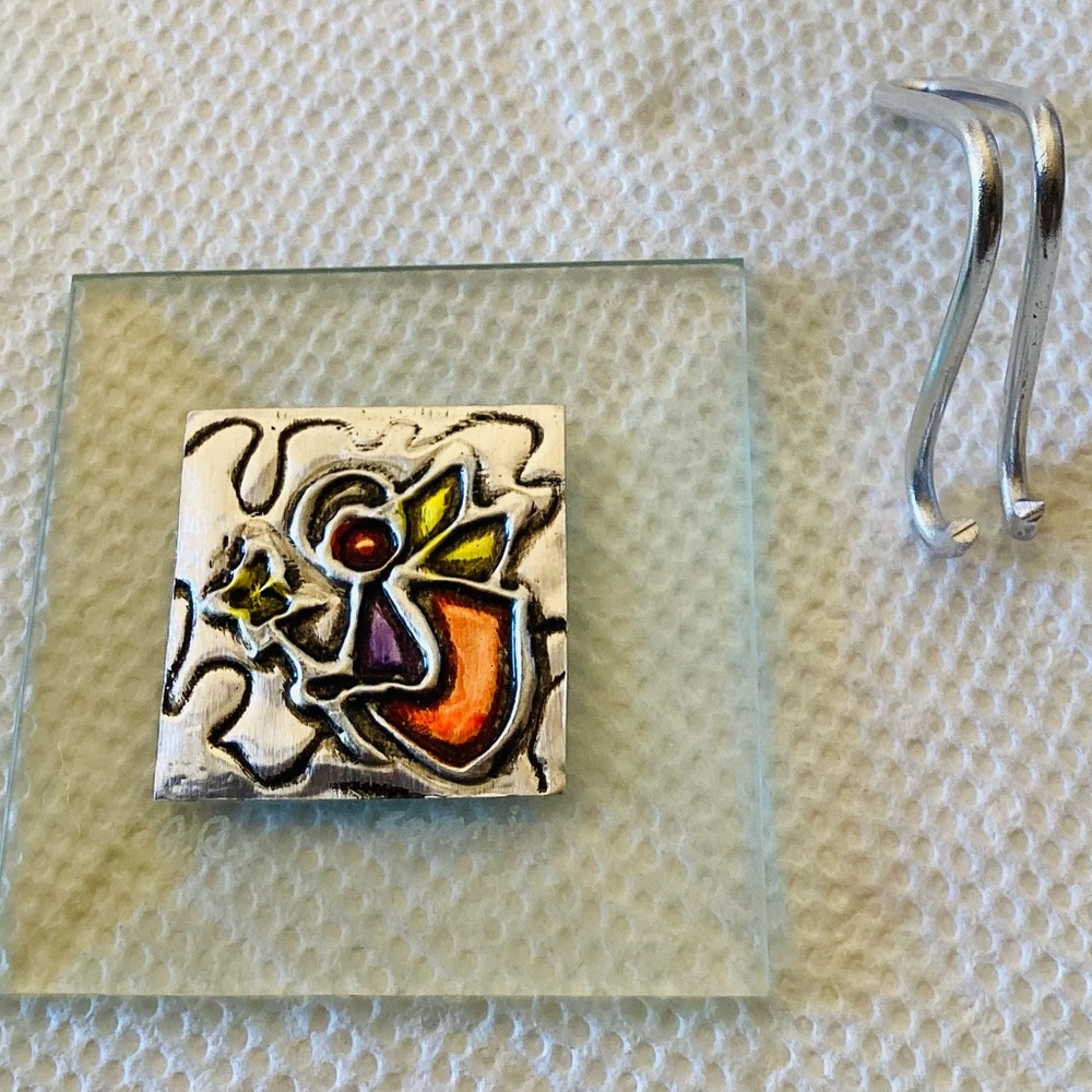 Small Metallic Angel on Glass With Easel